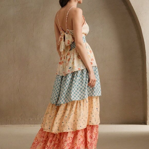 Apricot Boho Women's Floral Print Patchwork Style Long Dress - Picture 6 of 7